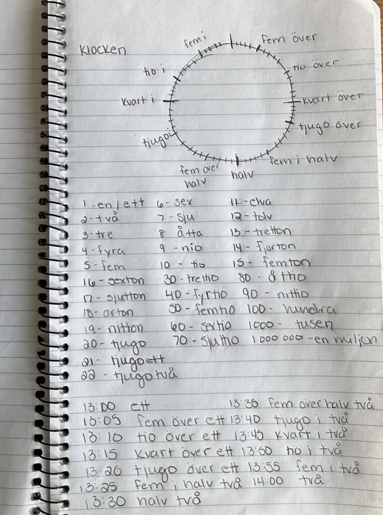 Photo of a handwritten notebook page with Swedish vocabulary and a clock diagram for learning to tell time in Swedish. The clock illustration includes common phrases like 'kvart i' (quarter to), 'kvart över' (quarter past), and 'fem över halv' (five past half). Below the diagram, there is a list of Swedish numbers from 1 to 1,000,000 and examples of time expressions such as '13:15 - kvart över ett' and '13:30 - halv två.' The page provides a comprehensive overview for learning Swedish numbers and telling time