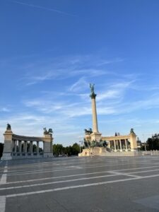 Heroes’ Square in Budapest, featuring the Millennium Monument with statues of Hungarian leaders and the iconic central column topped by Archangel Gabriel.