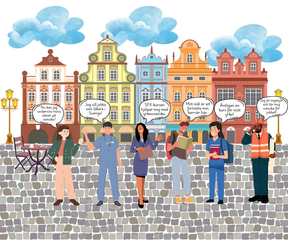 Cartoon-style image of diverse professionals standing in front of buildings in Gamla Stan, Stockholm, with Swedish speech bubbles expressing career goals and learning achievements.