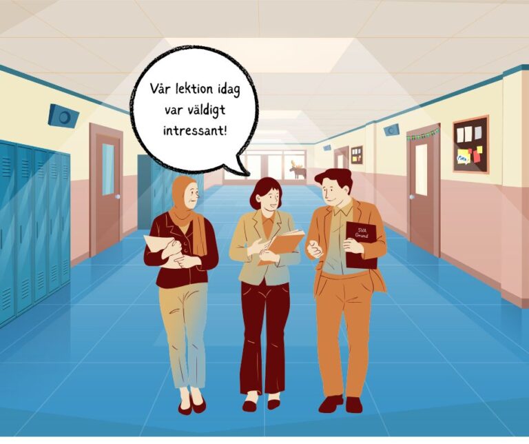Cartoon image of multicultural students in a hallway speaking Swedish, with a speech bubble that reads 'Vår lektion idag var väldigt intressant!'