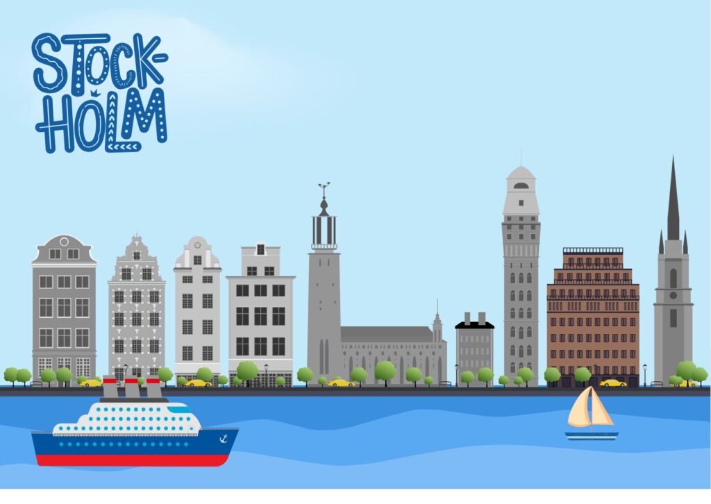 Animated image of Stockholm skyline with City Hall, Gamla Stan, and a church, with a cruise boat and sailboat on the water in front.