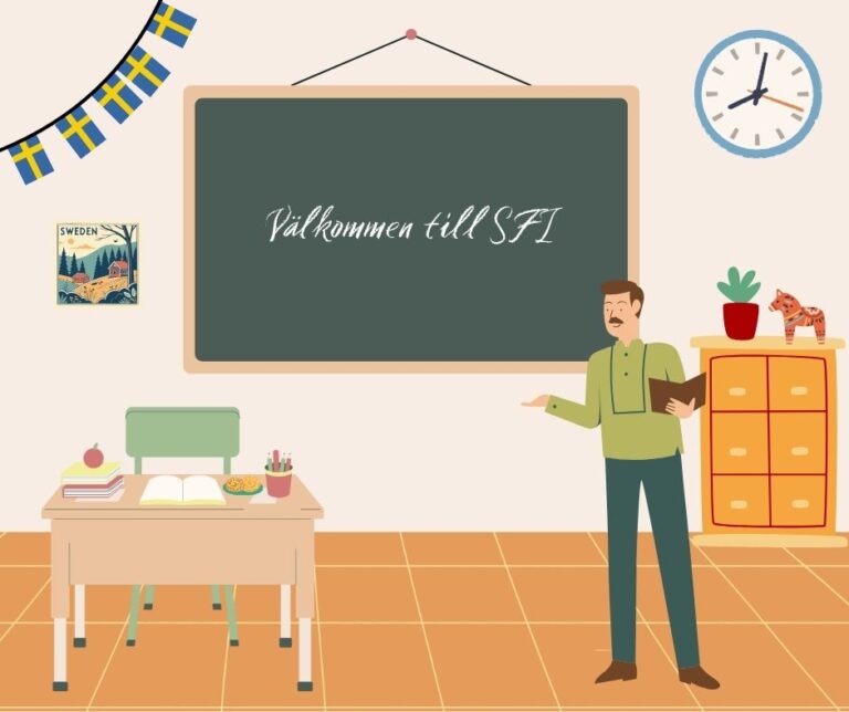 Cartoon illustration of a classroom with a chalkboard that says 'Välkommen till SFI', featuring Swedish-themed elements like a flag and a poster.